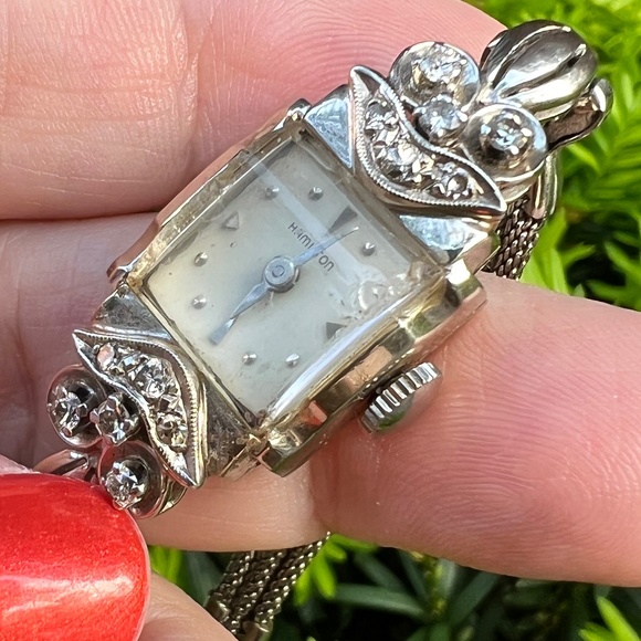 ANTIQUE VINTAGE LADIES 14K WHITE GOLD HAMILTON DIAMOND WRIST WATCH WORKING CONDT - Picture 8 of 16